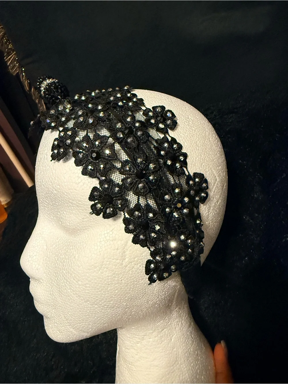 Black Lace Floral Beaded Headpiece